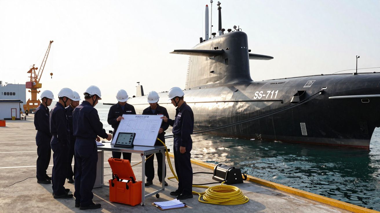 Marinheiros com capacetes junto a equipamento técnico num cais junto a um submarino preto SS-711.