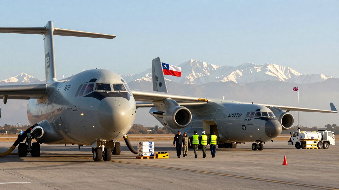 Dois aviões militares no aeroporto com pessoas de coletes refletivos e montanhas nevadas ao fundo.