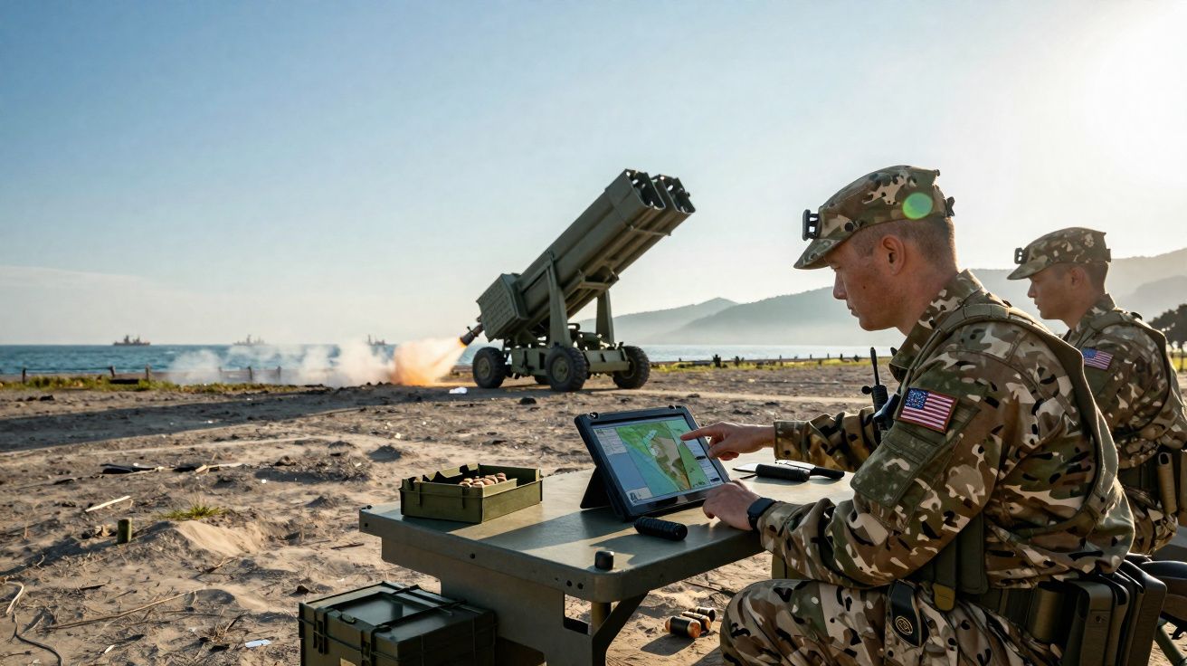 Militar dos EUA em uniforme camuflado opera tablet ao lado de lança-foguetes a disparar numa zona costeira.