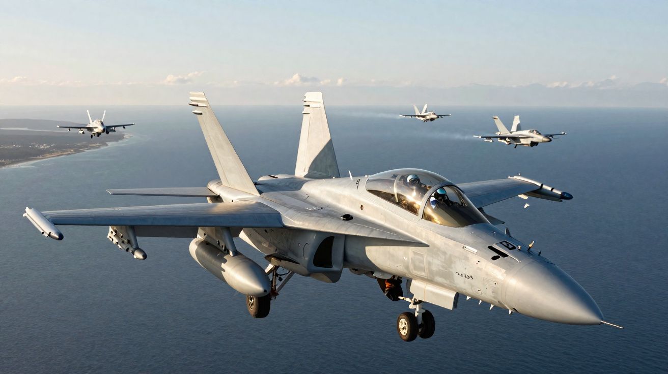 Formação de quatro caças militares F/A-18 voando sobre o mar em dia claro.