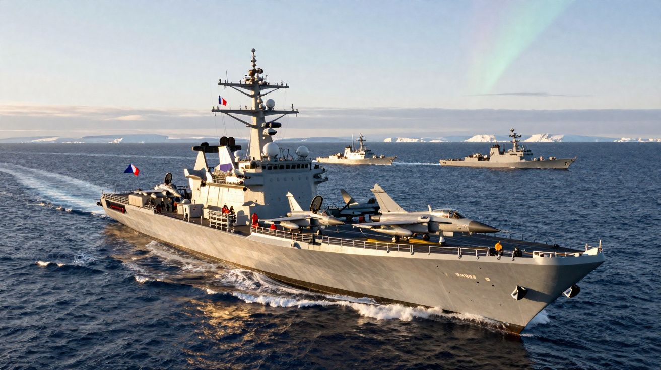 Navio de guerra francês em alta mar com aviões de combate no convés e dois navios militares ao fundo.