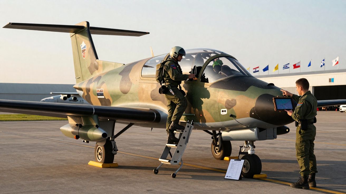 Dois pilotos militares junto a um avião camuflado numa pista de aeroporto, um está a subir a escada para o cockpit.