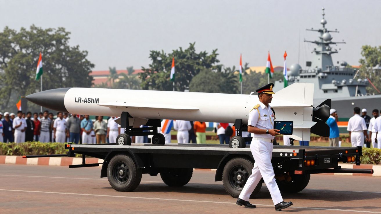 Míssil LR-AShM numa plataforma transportadora durante desfile militar com oficial a caminhar perto.
