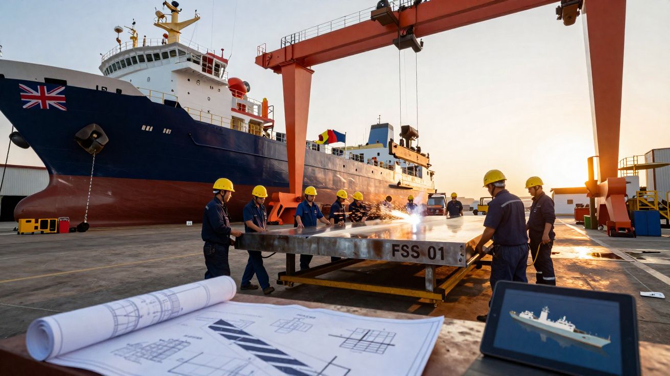 Trabalhadores com capacetes a soldar numa doca seca junto a um grande navio de carga ao pôr do sol.