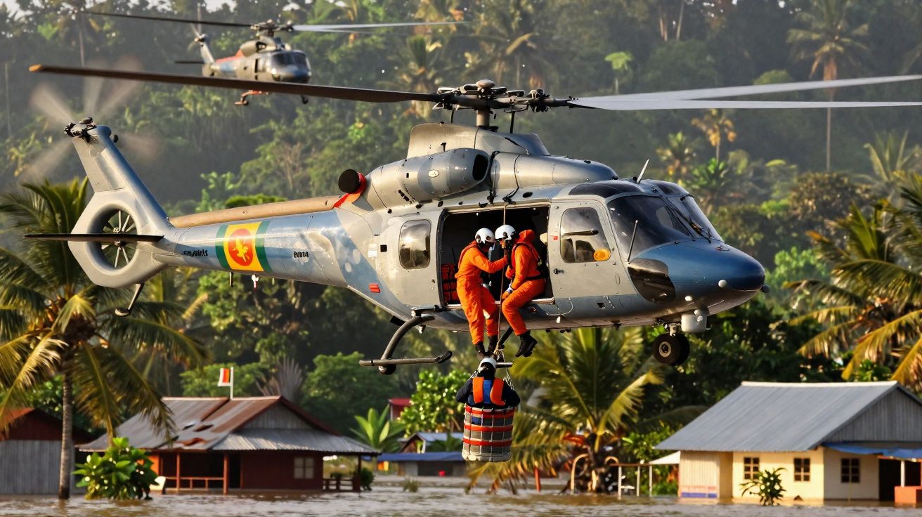 Helicóptero cinzento resgatando pessoas com equipamento de segurança sobre área inundada e casas submersas.