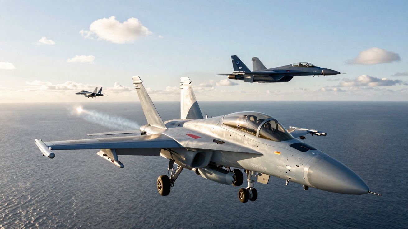 Três jatos militares a sobrevoar o oceano sob céu azul com algumas nuvens dispersas.