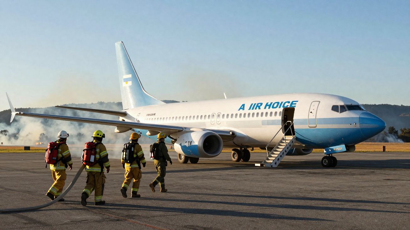 Bombeiros aproximam-se de avião parado na pista com escada de acesso aberta num cenário de treino.