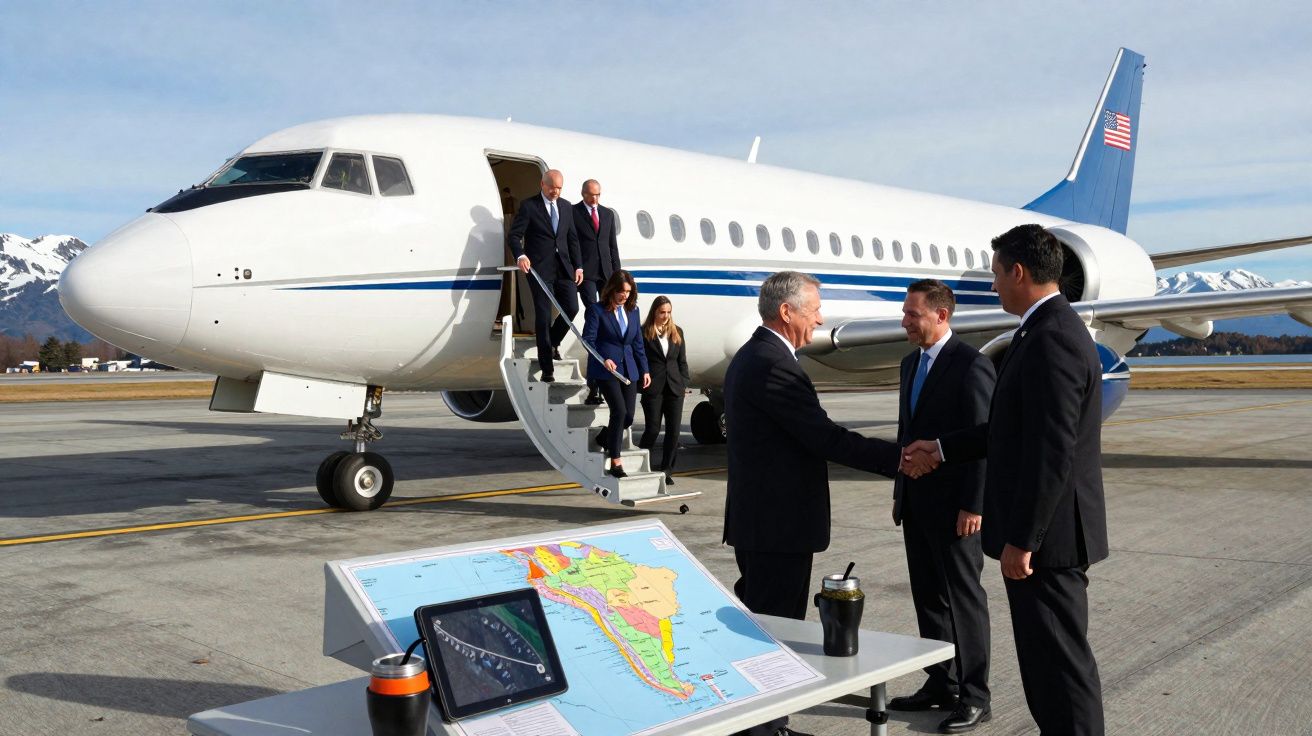 Pessoas de fatos a cumprimentarem-se junto a jato privado, com mapa da América do Sul e dispositivo tablet numa mesa.