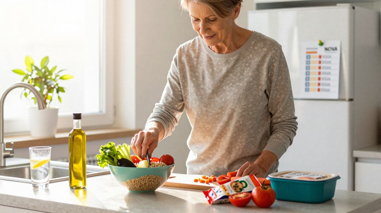 Mulher adulta a cortar legumes numa cozinha moderna, com salada, azeite e bebida na bancada.