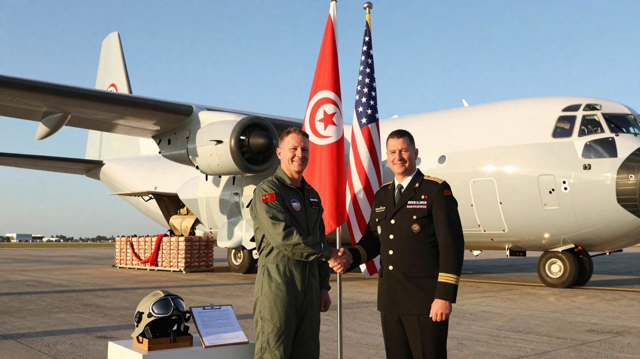 Dois militares apertam as mãos em frente a um avião militar com bandeiras dos Estados Unidos e da Tunísia ao fundo.
