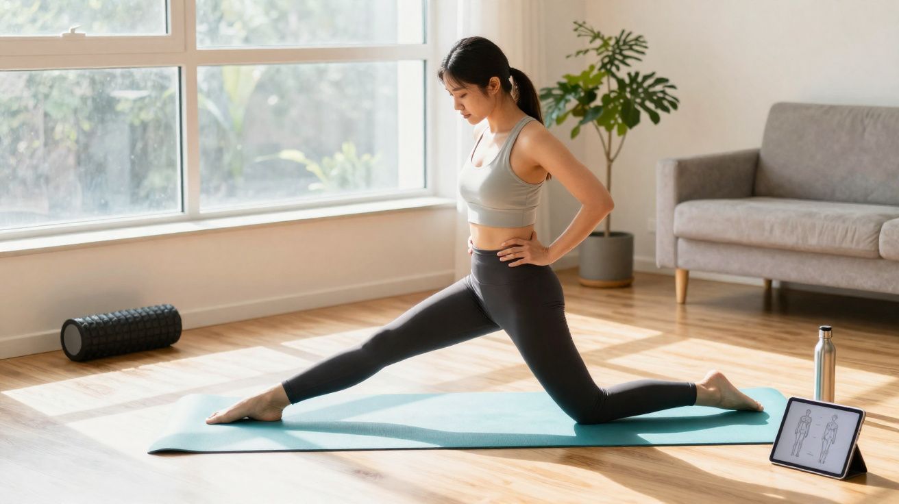 Mulher a fazer alongamento na sala iluminada, com tapete de yoga, garrafa e tablet no chão.