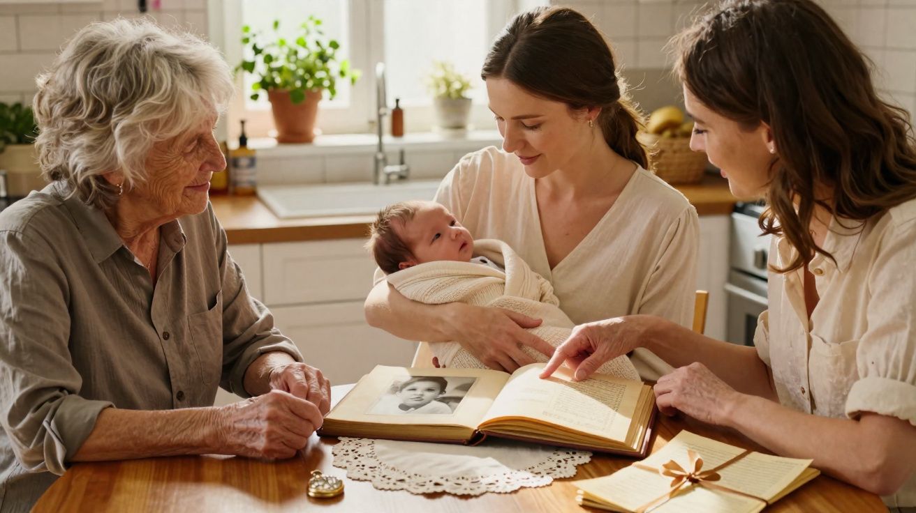 Três gerações femininas numa cozinha, uma mulher segura um bebé enquanto olham um álbum fotográfico antigo.