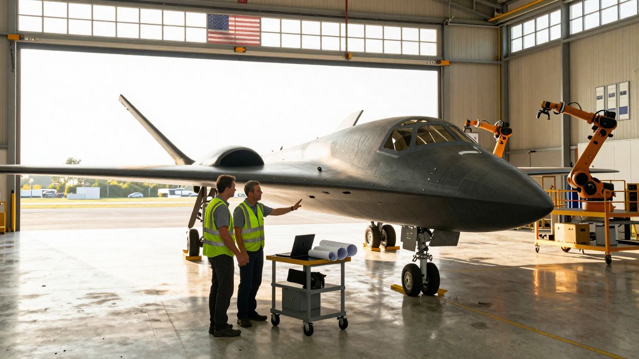 Dois engenheiros em coletes refletivos analisam um avião militar preto numa oficina com braços robóticos.