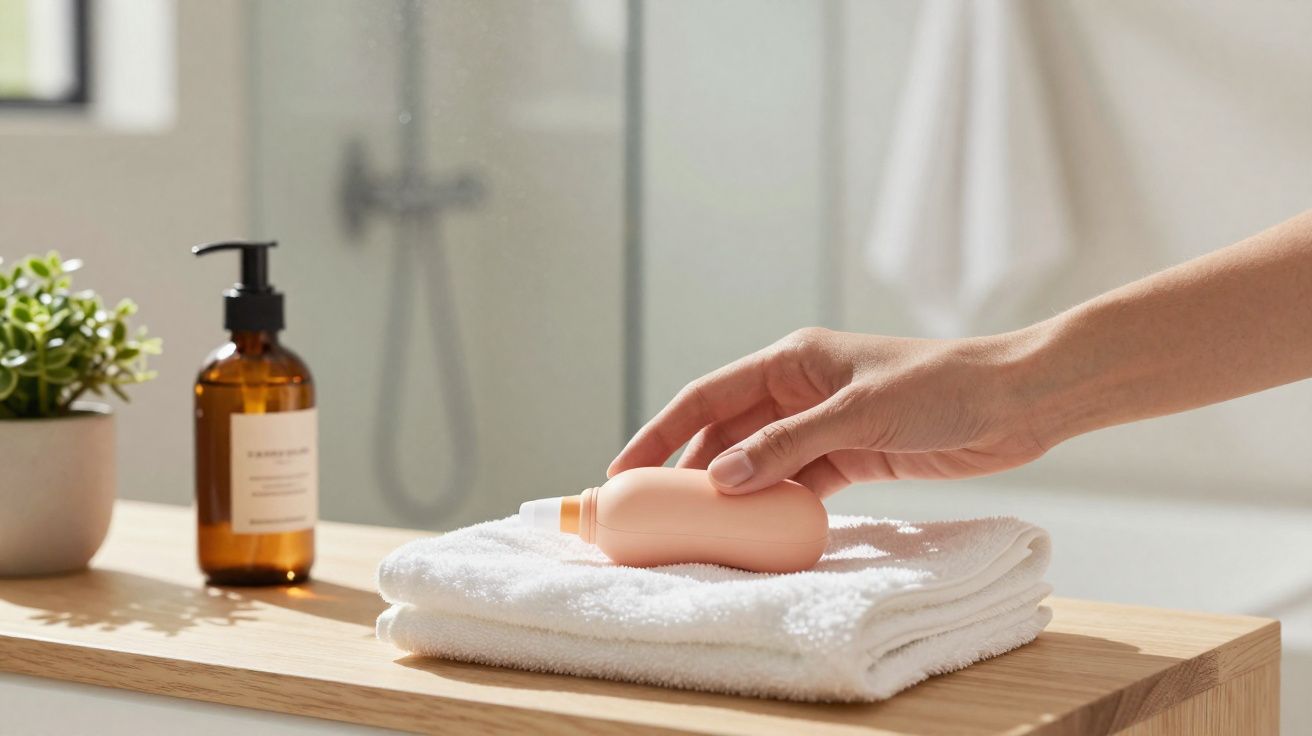 Mão a pegar frasco de creme cor de pêssego sobre toalha branca, com garrafa âmbar e planta no fundo.