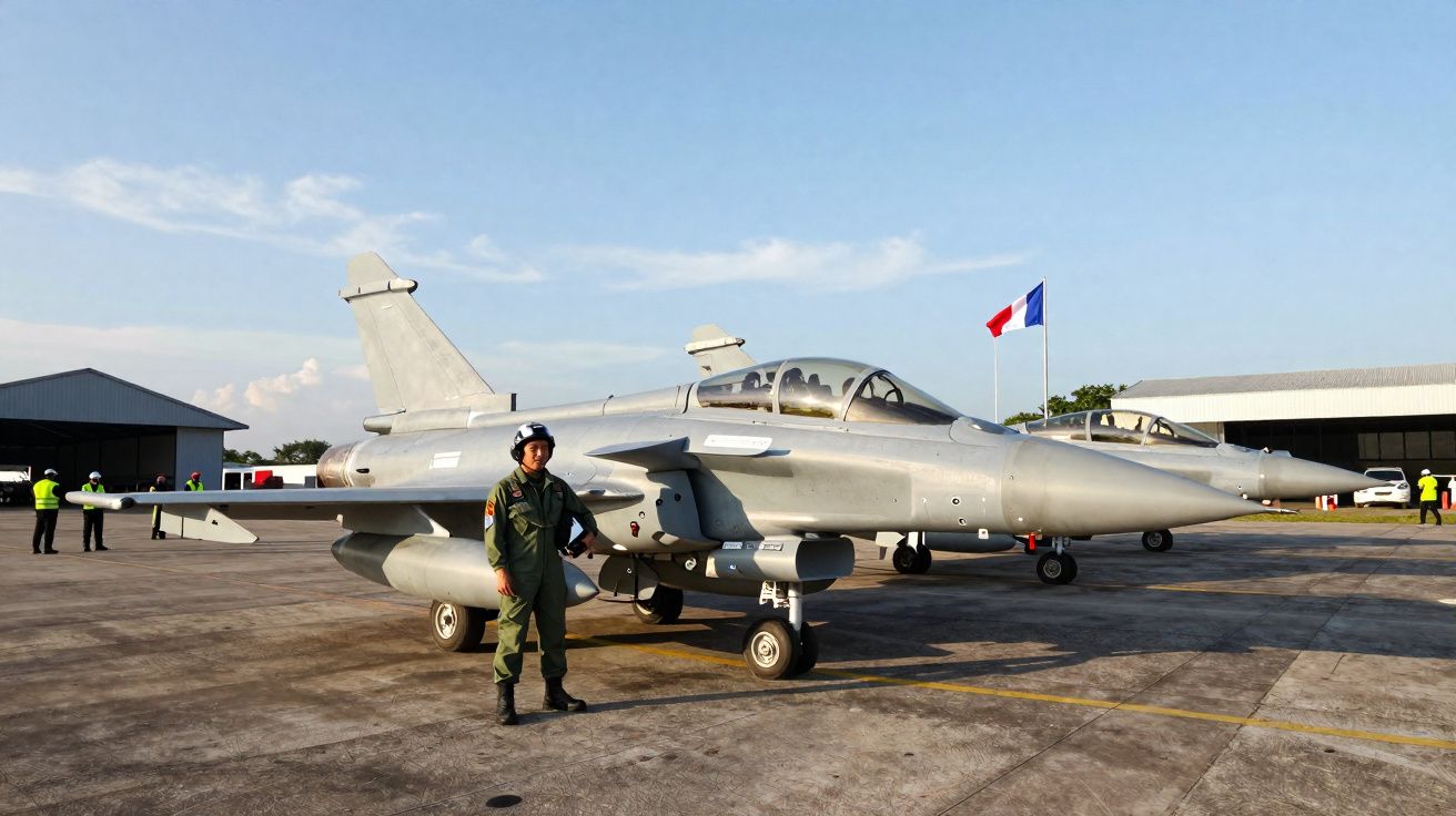 Caça militar cinzento estacionado num aeroporto com piloto em traje verde e bandeira de França ao fundo.