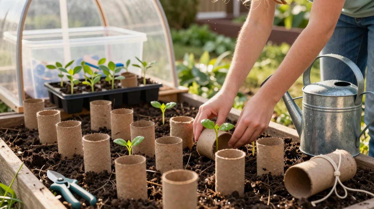 Pessoa a transplantar rebentos para vasos biodegradáveis num canteiro de jardinagem ao ar livre.