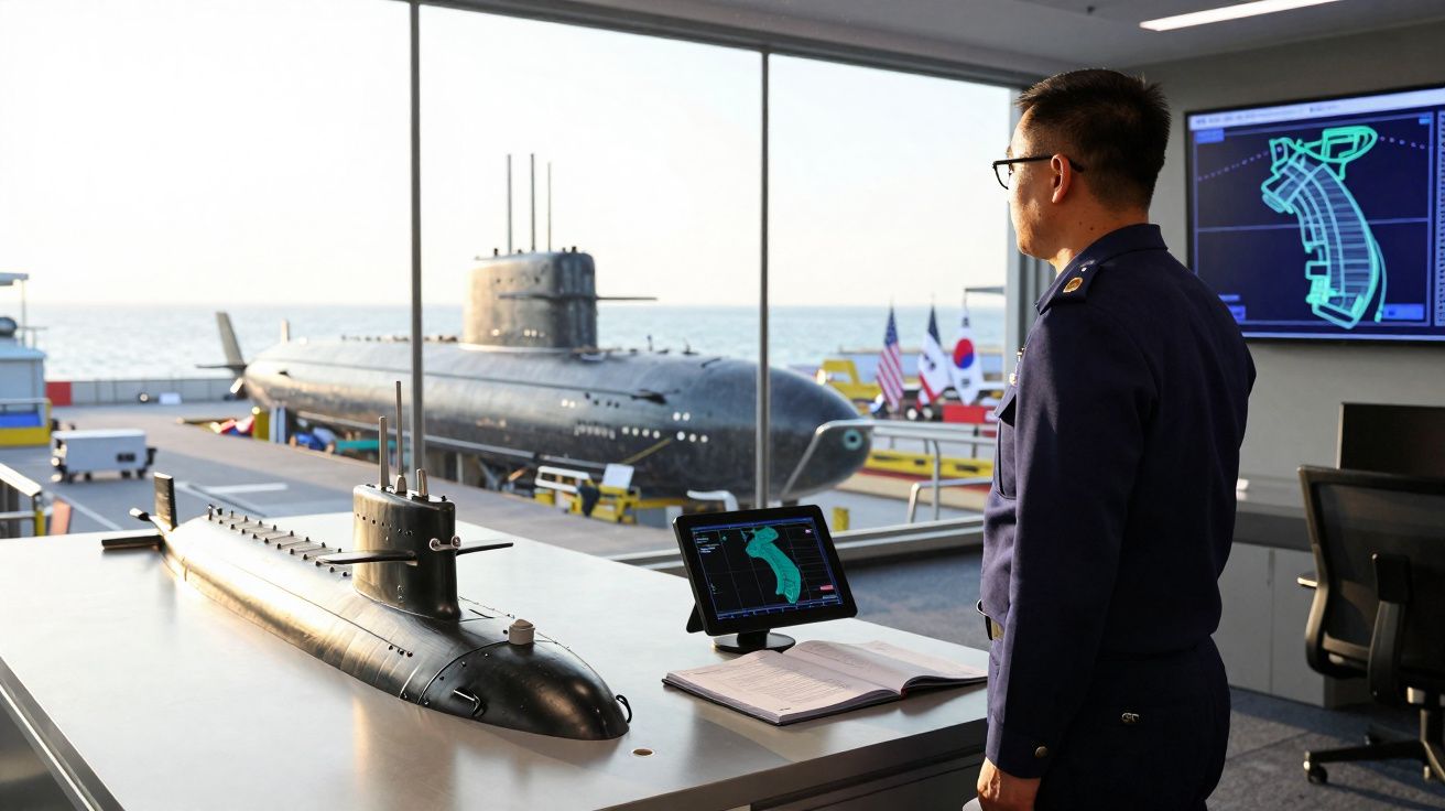 Homem em uniforme observa modelo de submarino e ecrã com desenho técnico numa sala com vista para um submarino real.