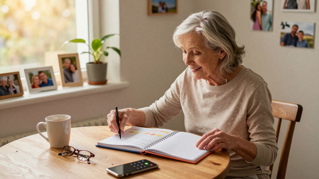 Mulher idosa sentada numa mesa, escrevendo num caderno com caneca, óculos e comando de TV à sua frente.
