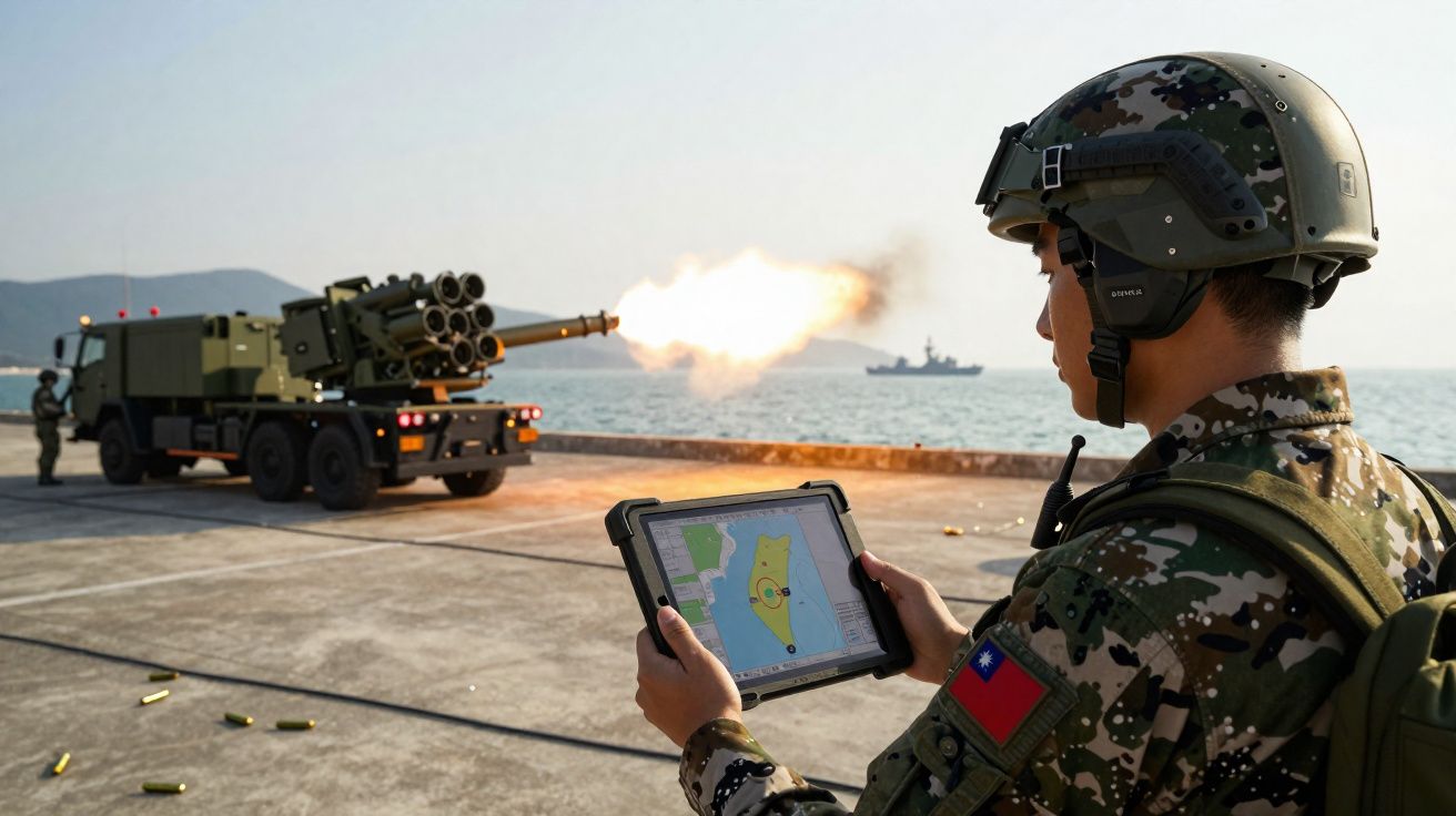 Soldado com tablet controla lançamento de foguetes de veículo militar junto ao mar.
