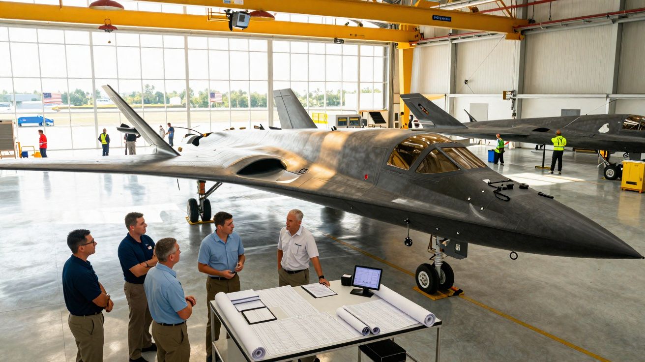 Grupo de cinco homens discute planos junto a um avião militar furtivo num hangar espaçoso e iluminado.