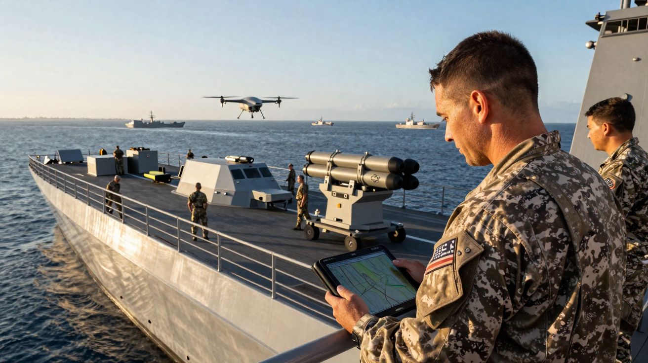 Militares num navio de guerra operam um drone sobre o mar durante o pôr do sol.