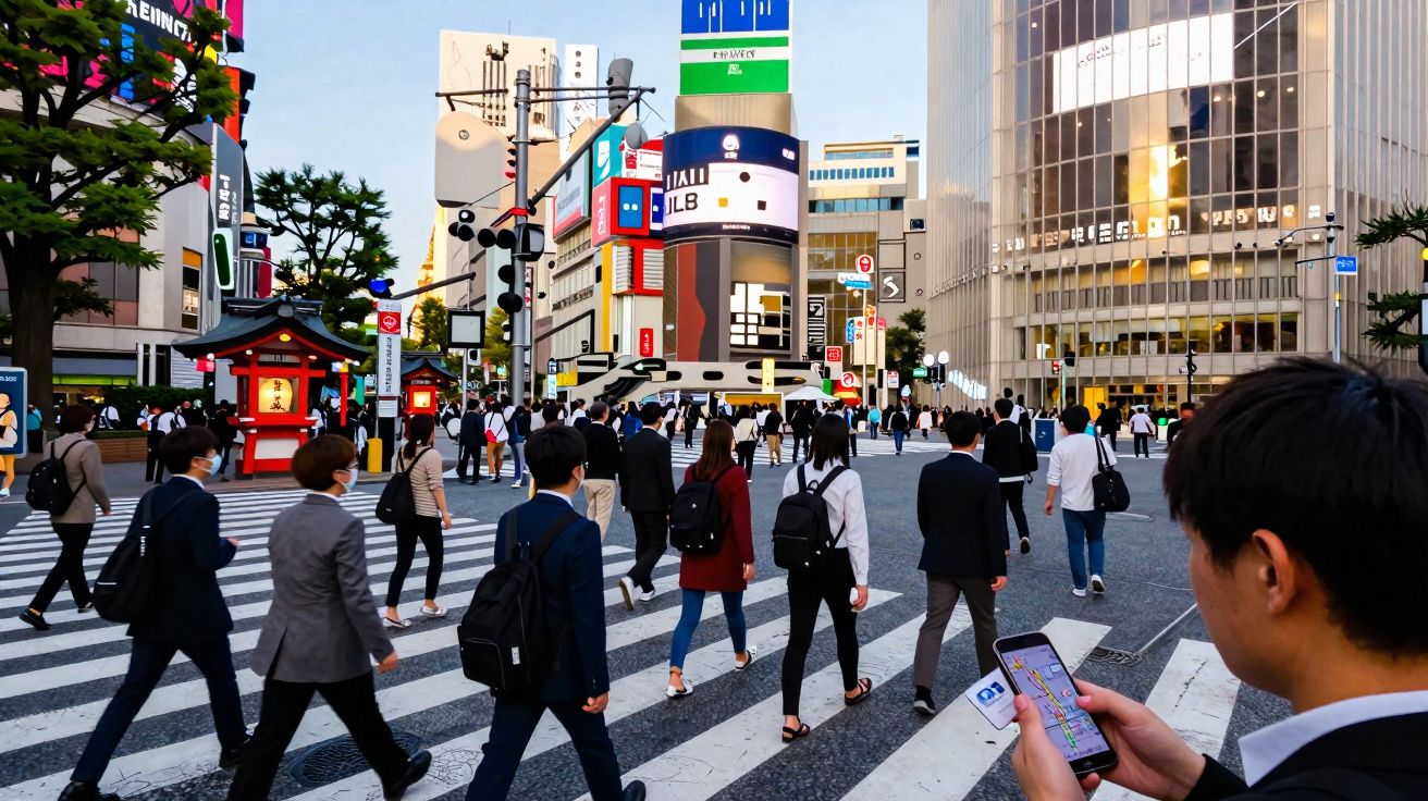 Multidão a atravessar passadeira em zona urbana movimentada com edifícios altos e painéis luminosos.
