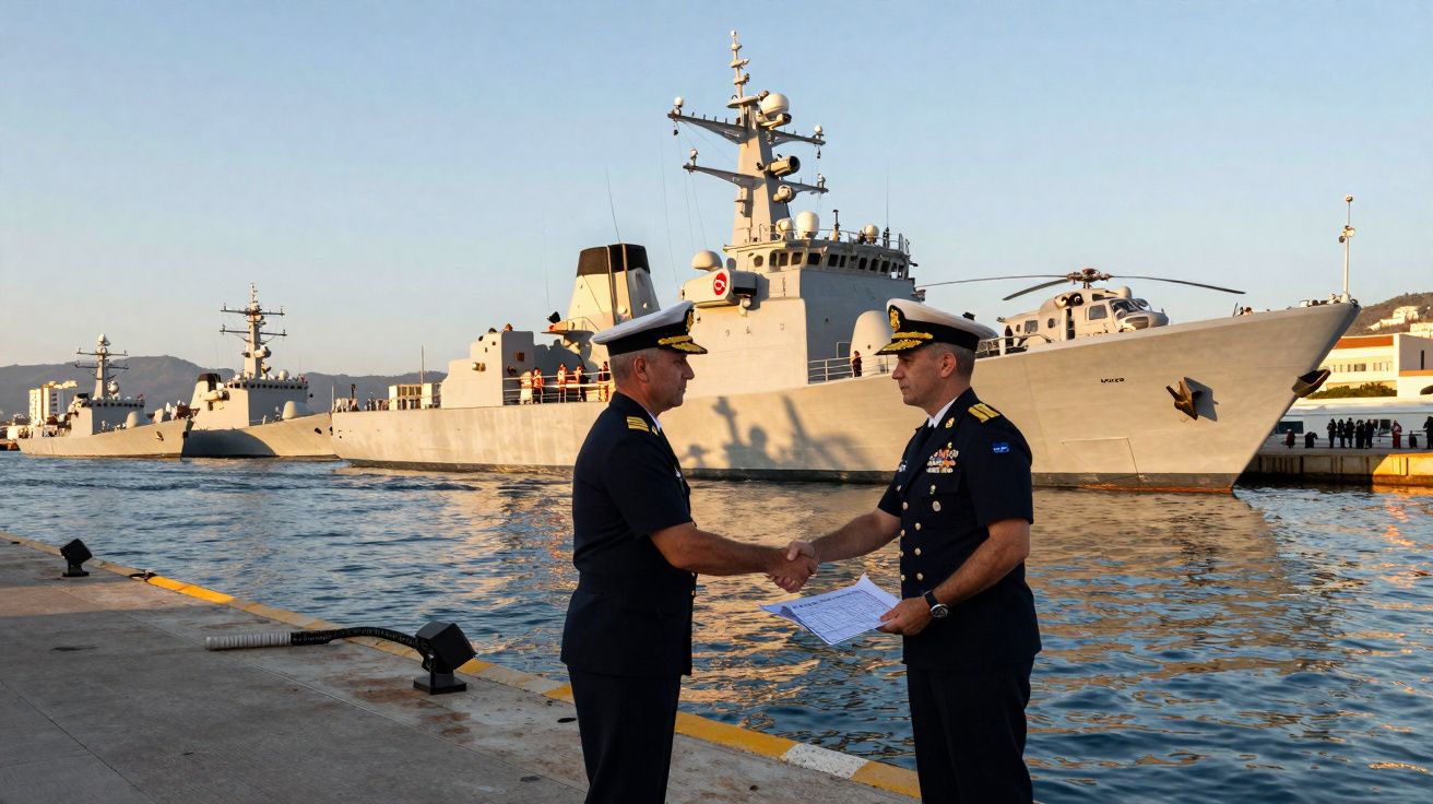Dois oficiais da marinha apertam as mãos com navios militares ao fundo num cais ao entardecer.