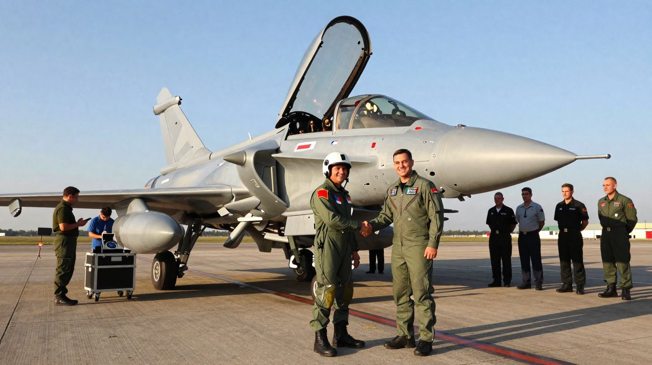 Dois pilotos em fato de voo apertam as mãos junto a um caça estacionado numa pista de aeroporto.