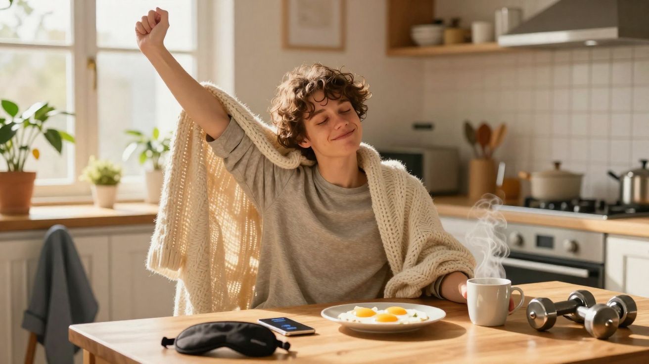 Pessoa com manta ao ombro a espreguiçar-se na cozinha com um pequeno-almoço e líquido quente sobre a mesa.