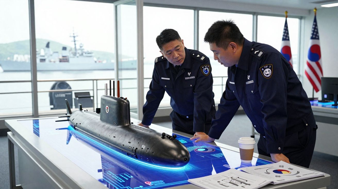 Dois oficiais de farda analisam modelo de submarino numa mesa interativa numa sala com vista para o mar.