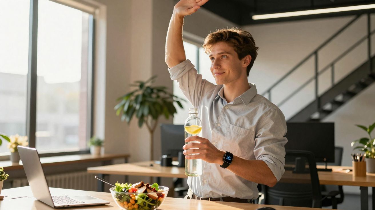 Homem jovem numa cozinha moderna, segurando garrafa de água e levantando a mão, com salada e laptop à frente.