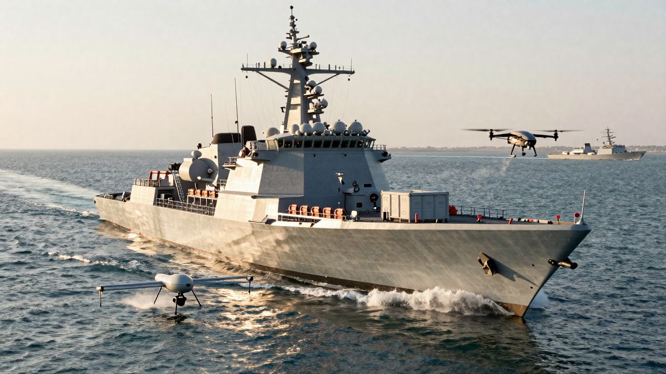 Navio militar cinzento em alto mar com dois drones a voar perto e outro ao longe.