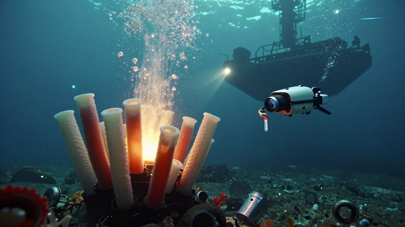 Robô subaquático a investigar corais com tubo luminoso, com submarino e bolhas visíveis no fundo do mar.