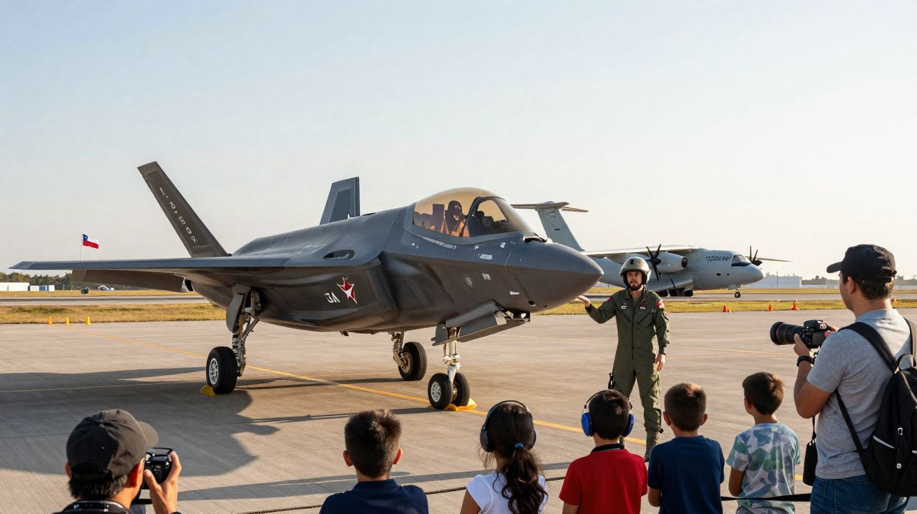 Avião militar cinzento estacionado no aeroporto com piloto a falar para grupo de crianças e adultos.