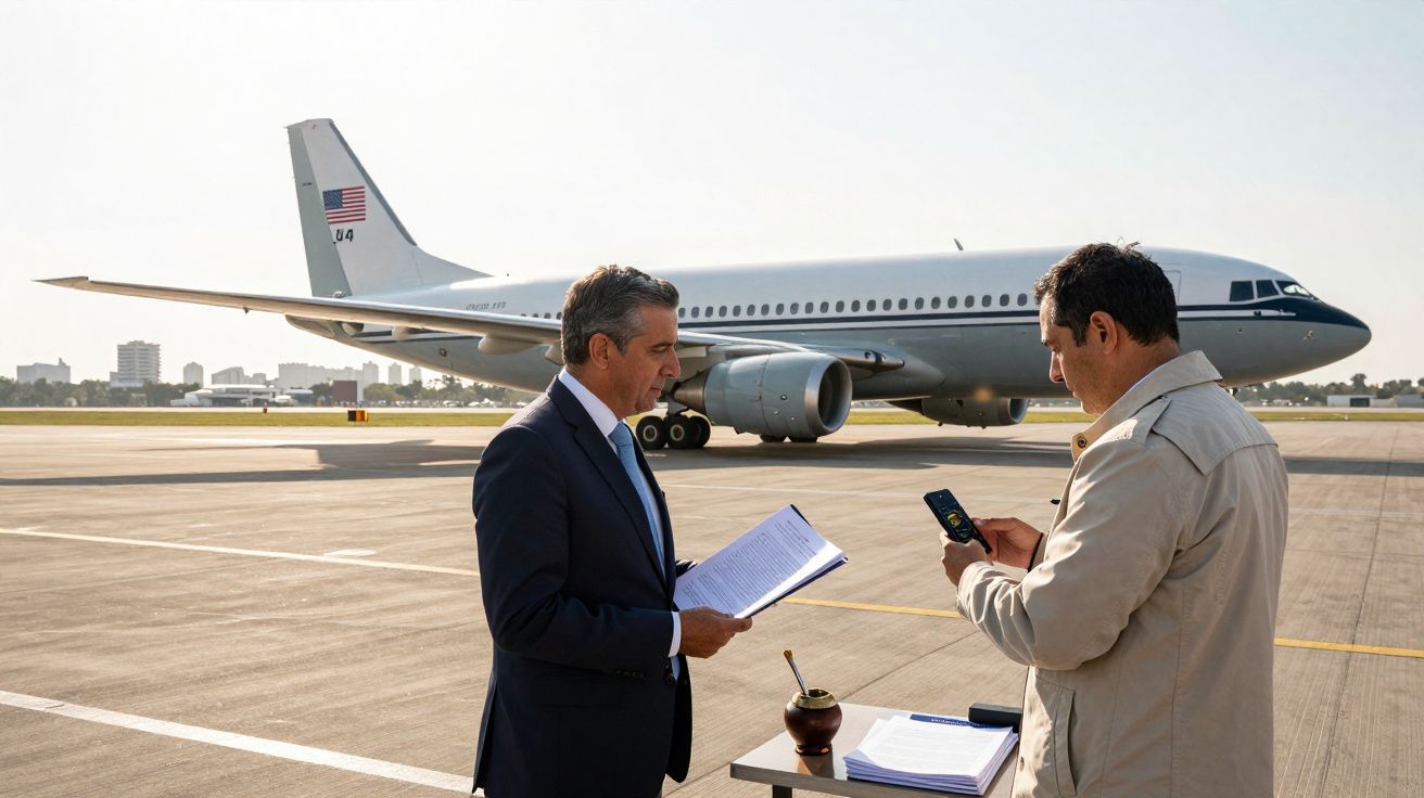 Dois homens junto a uma mesa com documentos num aeroporto, com avião e cidade ao fundo.