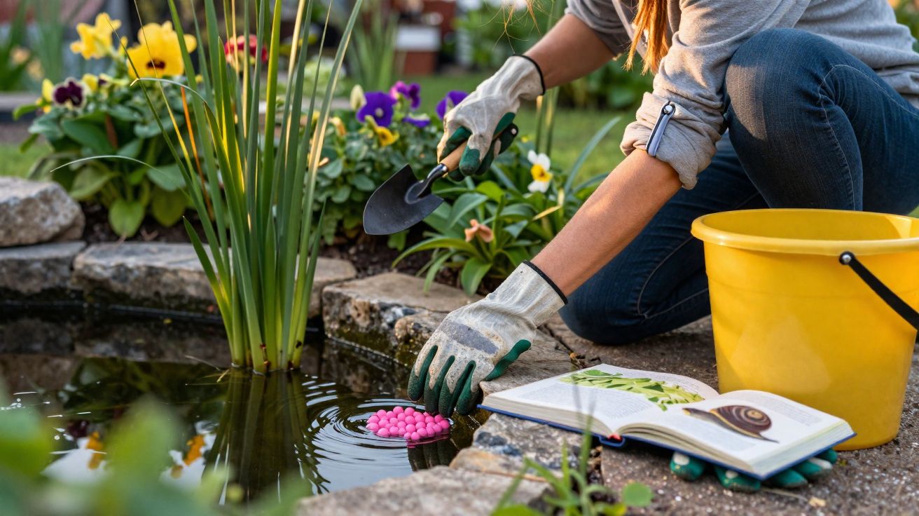 Pessoa a cuidar de plantas junto a um lago artificial, com luvas, regador amarelo e livro de jardinagem aberto.