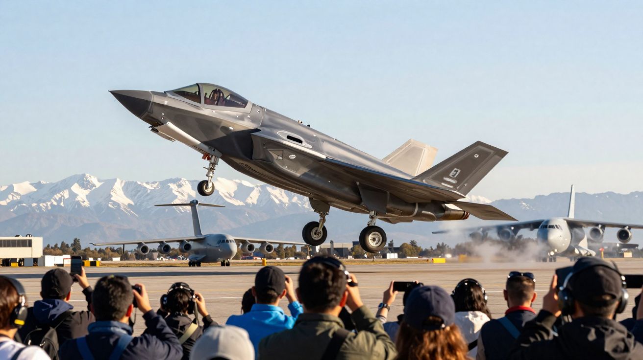 Avião militar descolando com pessoas a assistir e montanhas nevadas ao fundo num aeroporto.