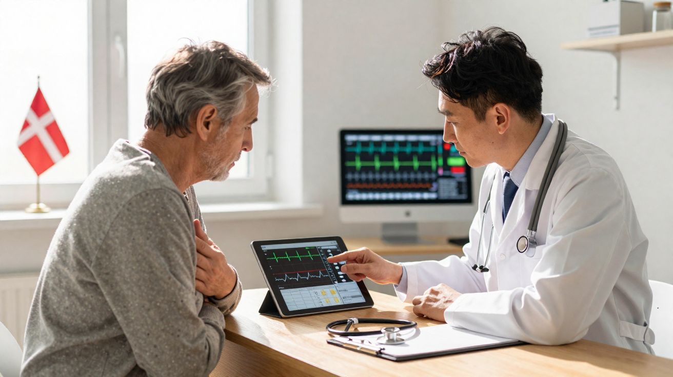 Médico analisa resultados de eletrocardiograma digital com paciente idoso numa consulta clínica.