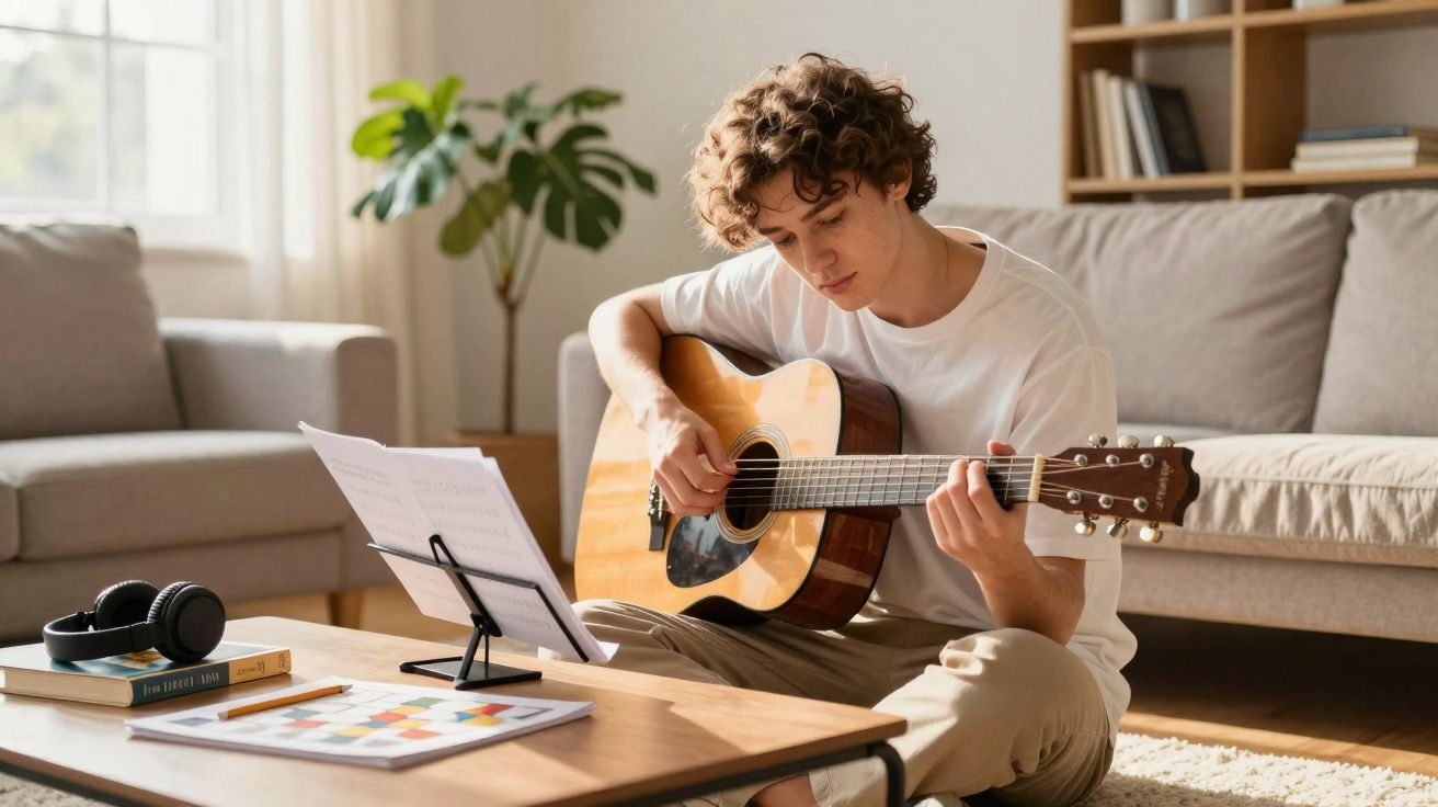 Jovem sentado no chão a tocar guitarra acústica, com pautas musicais numa sala iluminada e confortável.