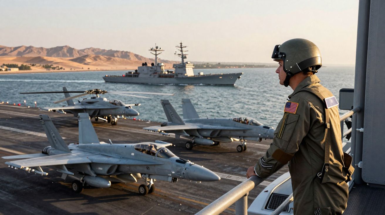 Militar com capacete observa quatro caças numa porta-aviões com outro navio ao fundo no mar.