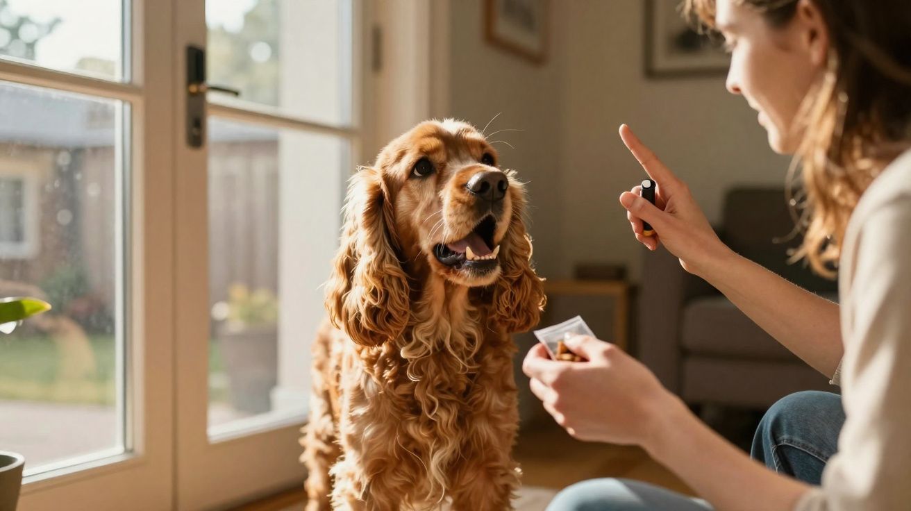 Mulher a treinar um cão de raça Cocker Spaniel dentro de casa, com luz natural a entrar pela janela.