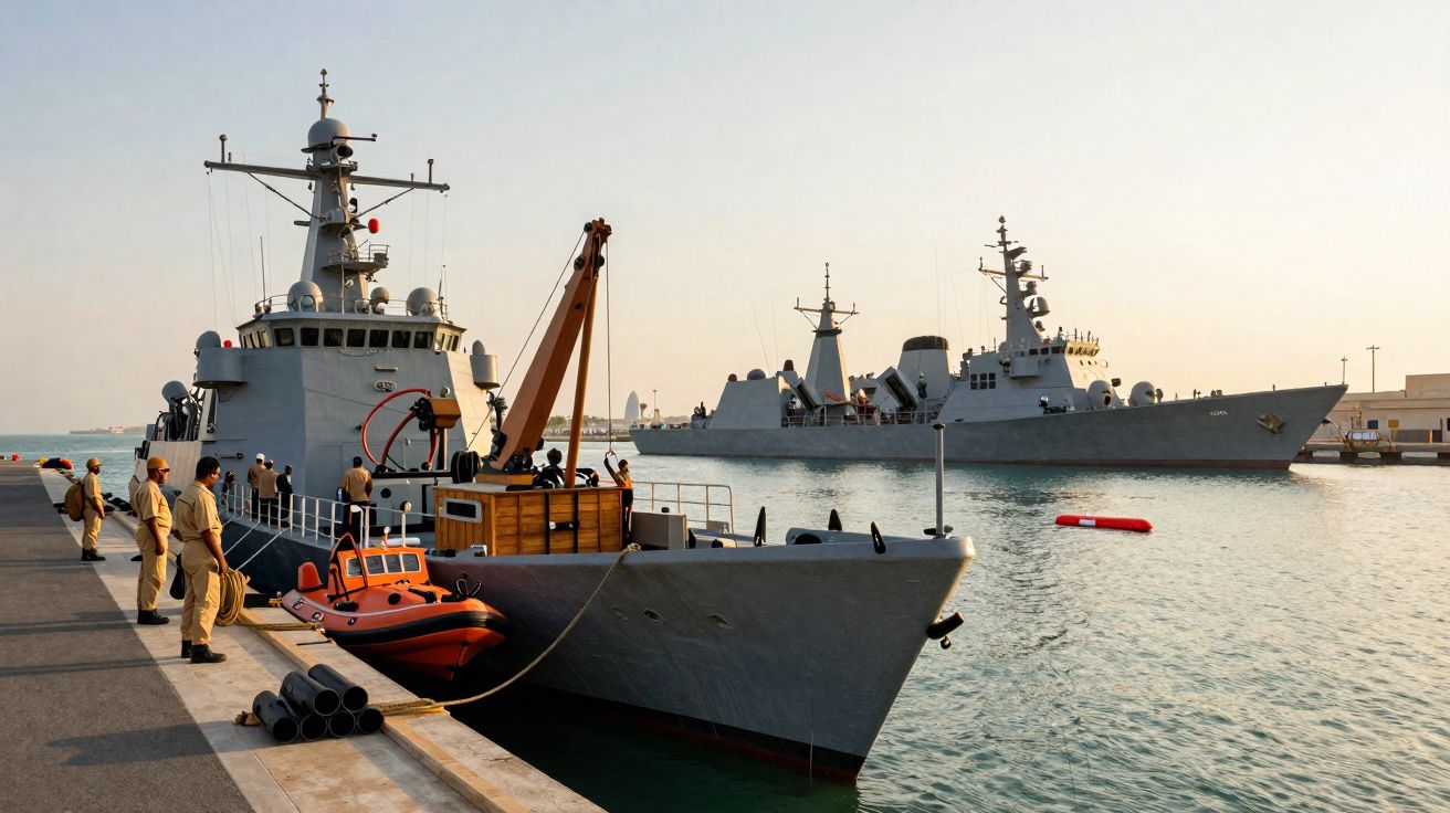 Navios militares atracados no porto ao pôr do sol com tripulação em uniforme bege na doca.