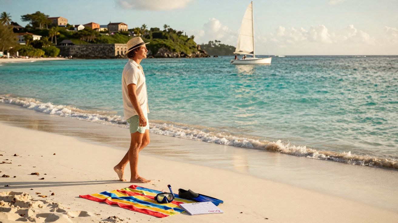Homem de chapéu a pé na praia com toalha colorida e equipamento de mergulho, com veleiro ao fundo.