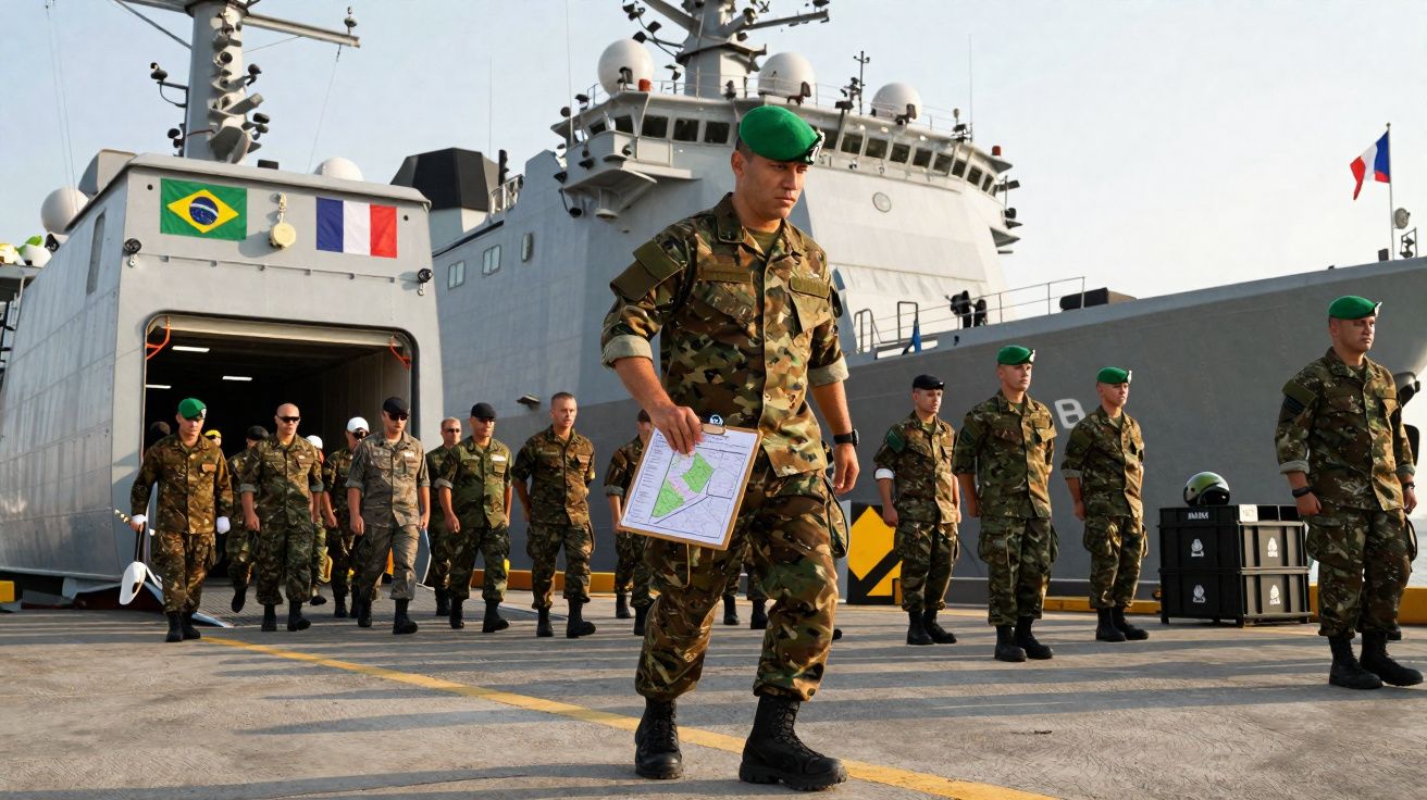 Militares em uniformes camuflados com boinas verdes desembarcam de navios com bandeiras do Brasil e França.