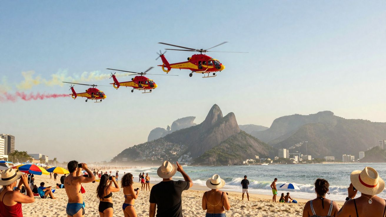 Três helicópteros coloridos sobrevoam praia com pessoas a observar e montanhas ao fundo ao entardecer.