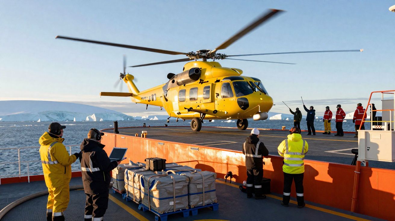 Helicóptero amarelo a descolar de navio com pessoas em roupas de proteção numa região polar com icebergues.