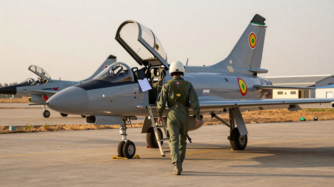 Militar com fato de voo e capacete caminha em direção a um caça estacionado no aeroporto sob luz dourada.