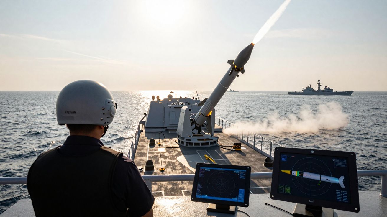 Marinheiro observa lançamento de míssil a partir de navio de guerra no mar, com outro navio ao fundo.