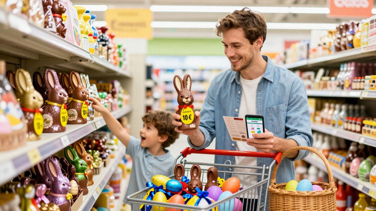 Pai e filho escolhem coelhinhos de chocolate numa loja decorada para a Páscoa.