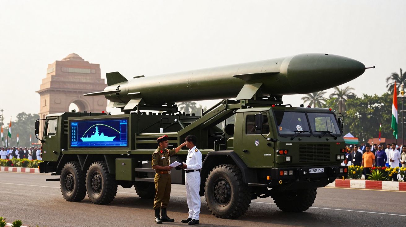 Veículo militar com míssil transportado durante parada, dois soldados conversam em primeiro plano, monumento ao fundo.